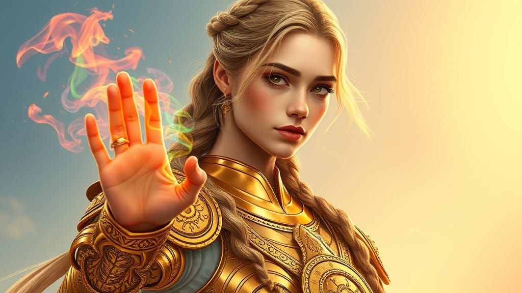 Ethereal Beauty in Ancient Gold Armor, with Rainbow Fire