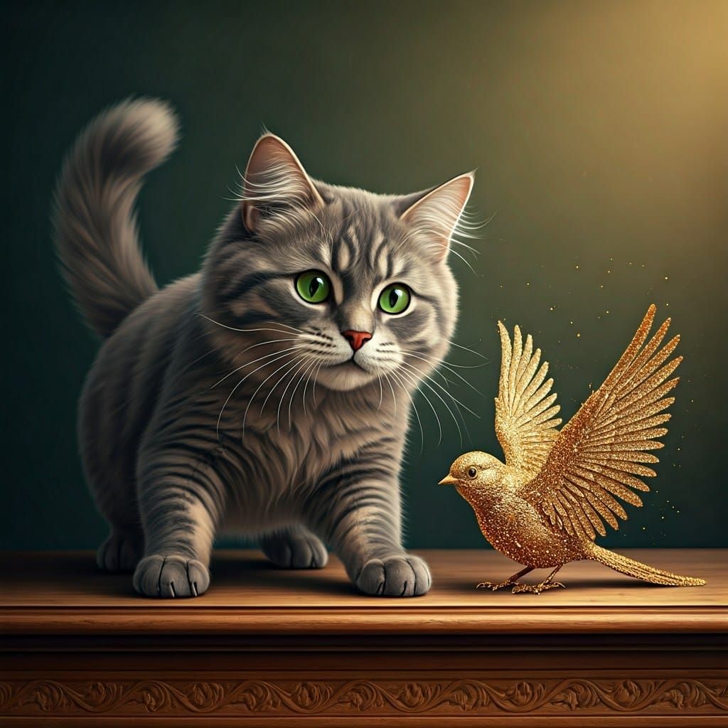 Grey Cat Chasing Gold Bird in Dreamlike Style