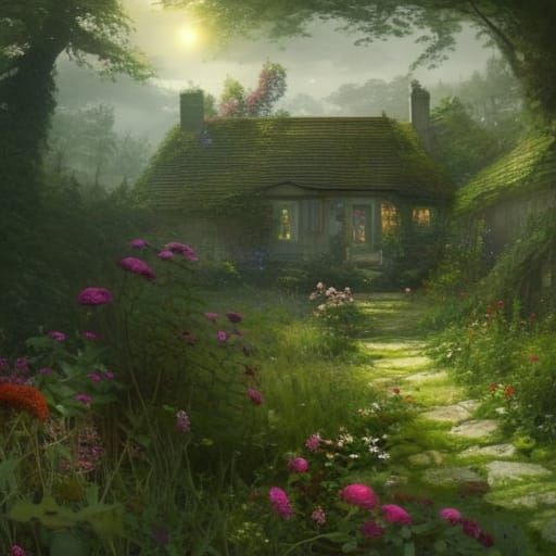 Cottagecore Cottage in Overgrown Bog Garden: Dark Fantasy Ar...