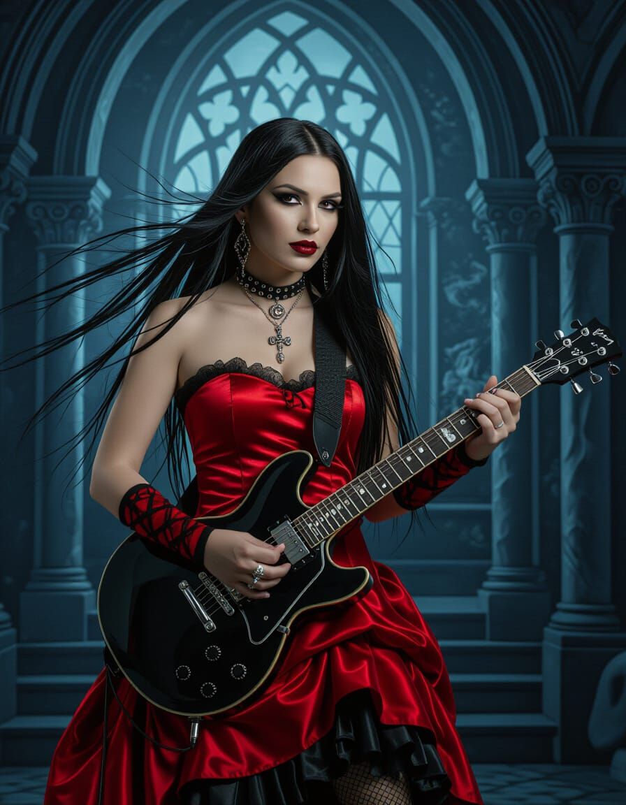 Gothic Rockstar in Red Dress Plays Guitar