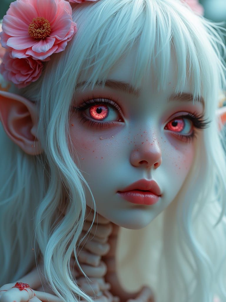 Gothic Undead Elf Portrait with Flowers