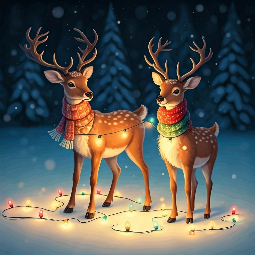 Whimsical Reindeer in Festive Winter Wonderland