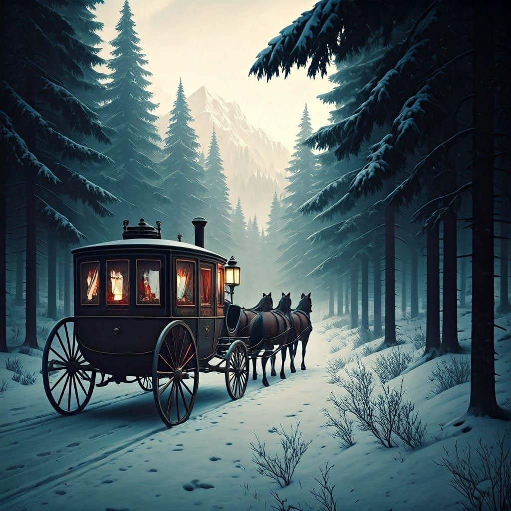 Victorian Steam Carriage in Snowy Mountain Pass