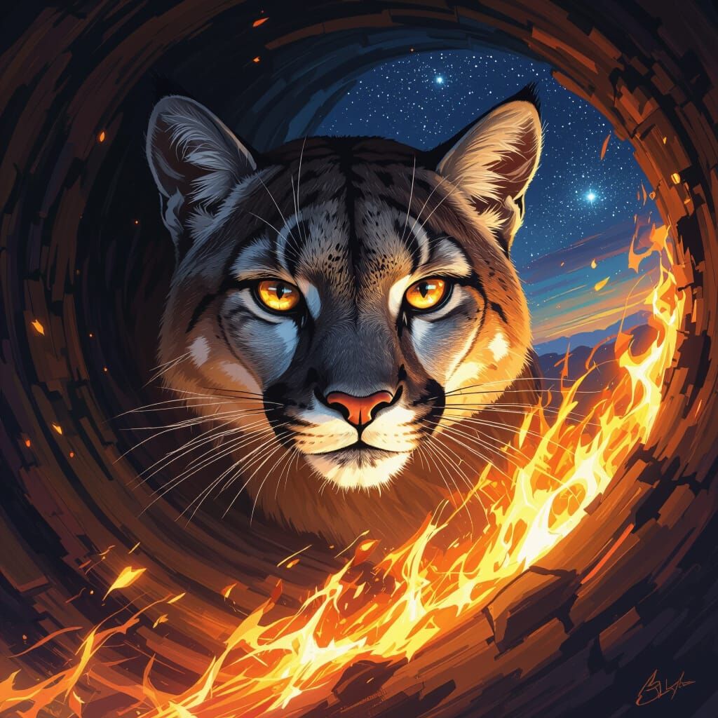 Cougar's Fiery Gaze Through Starry Tunnel, in Digital Art St...