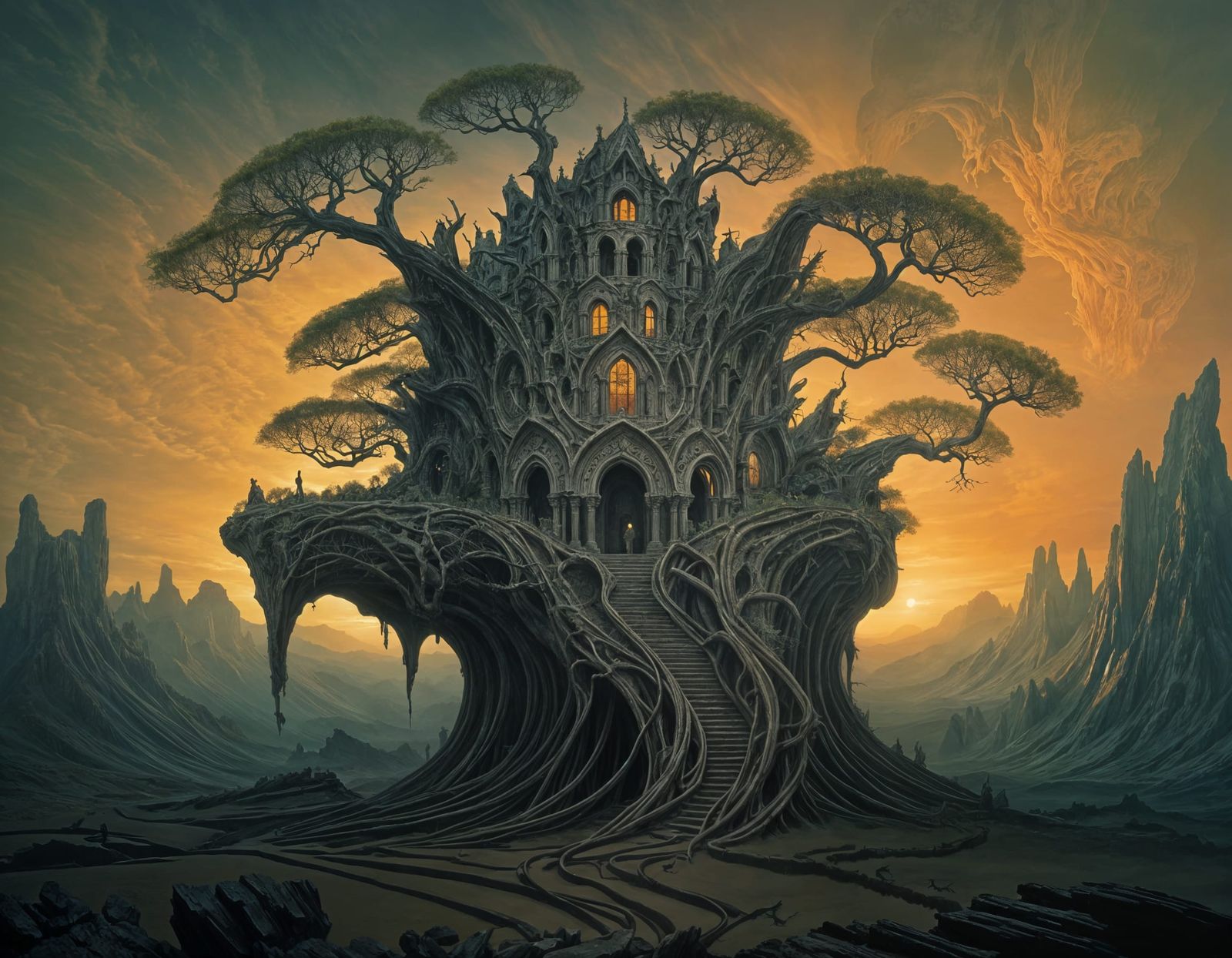 Surreal Landscape Inspired by Escher, Beksinski, and Giger