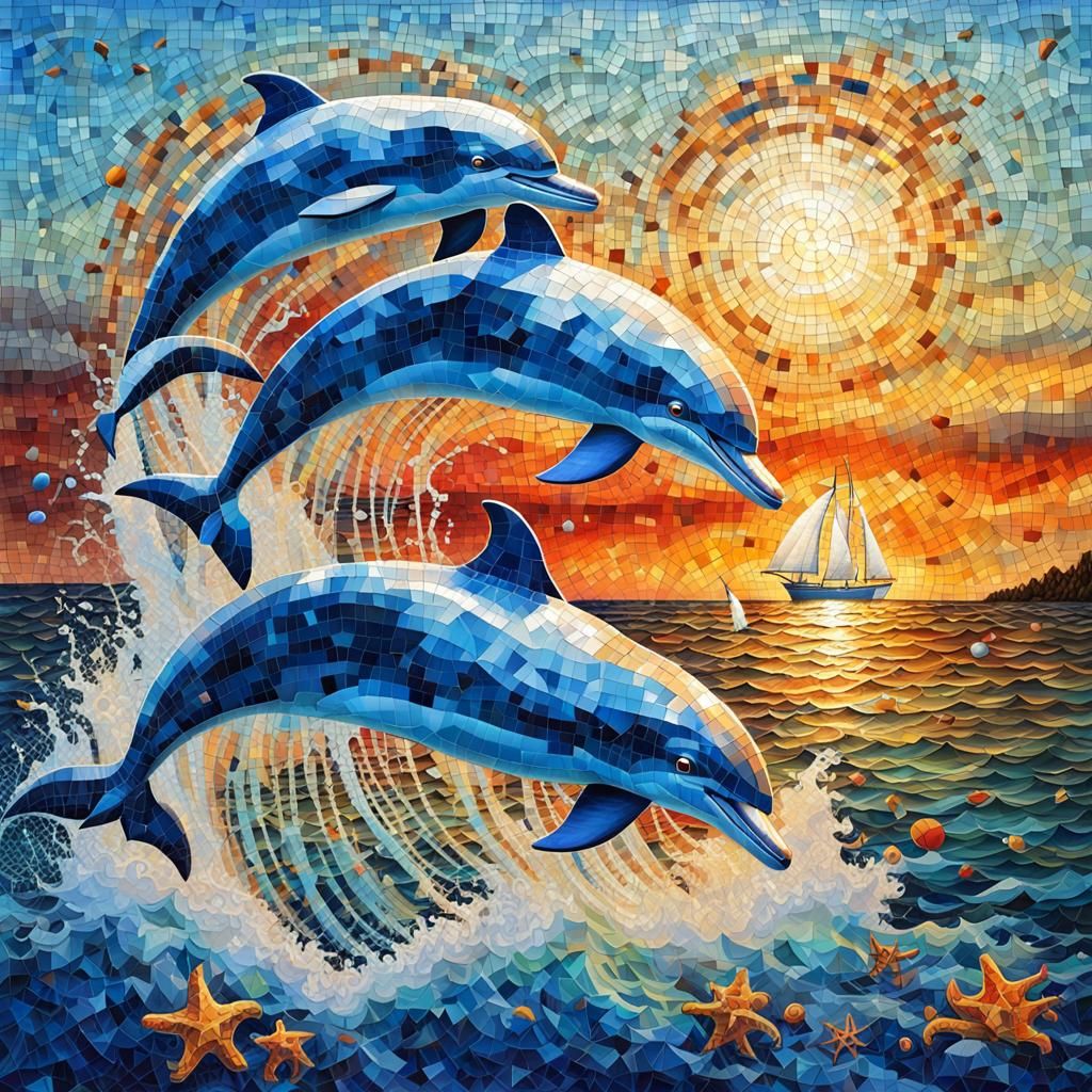 Dolphin jumping out of the sea in a playful way. From a dinghy boat, a couple watches it with happiness. Mosaic art. Che...