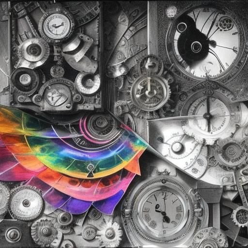 Surreal Steampunk Crayon Drawing with Rainbow Fairy