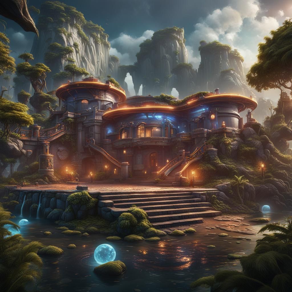 Magical Superhero Island Headquarters in Detailed Matte Styl...