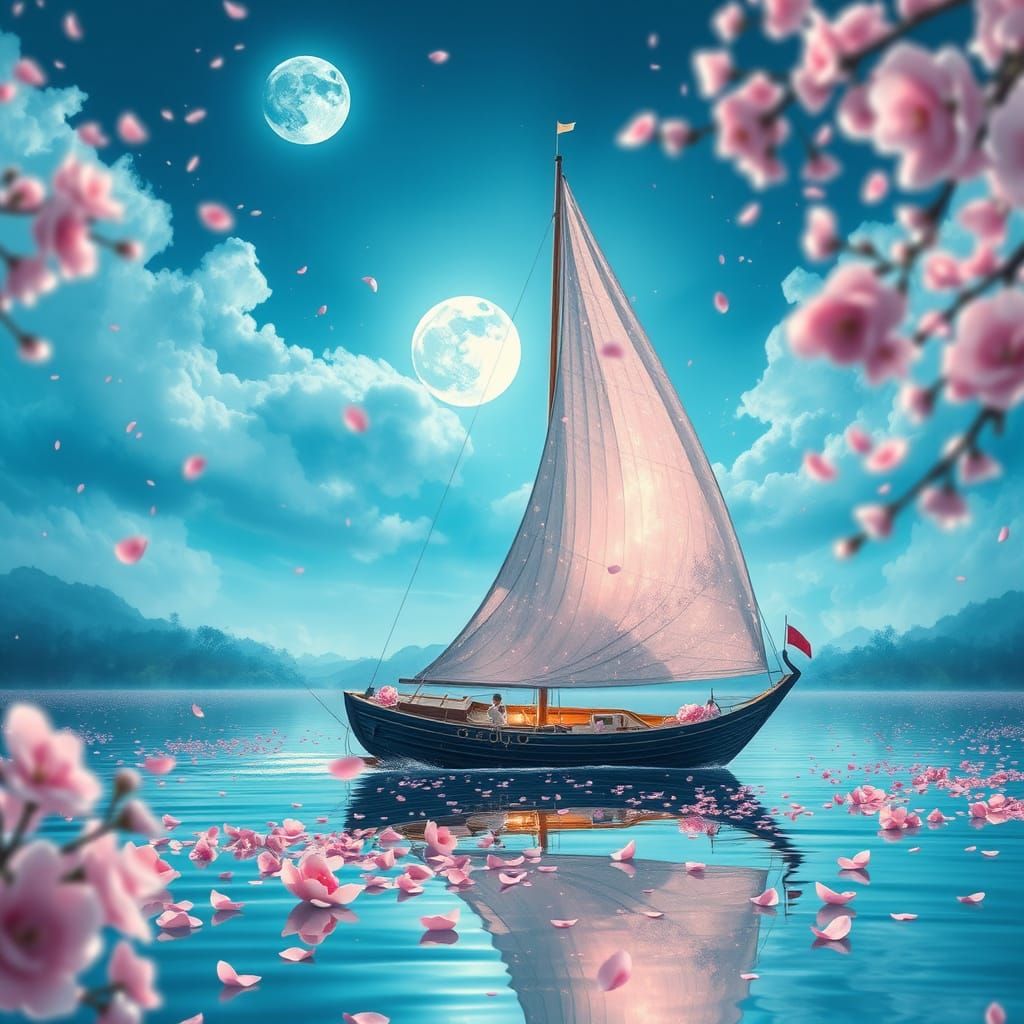 Enchanted Sailboat on Moonlit Lake in Sfumato Style