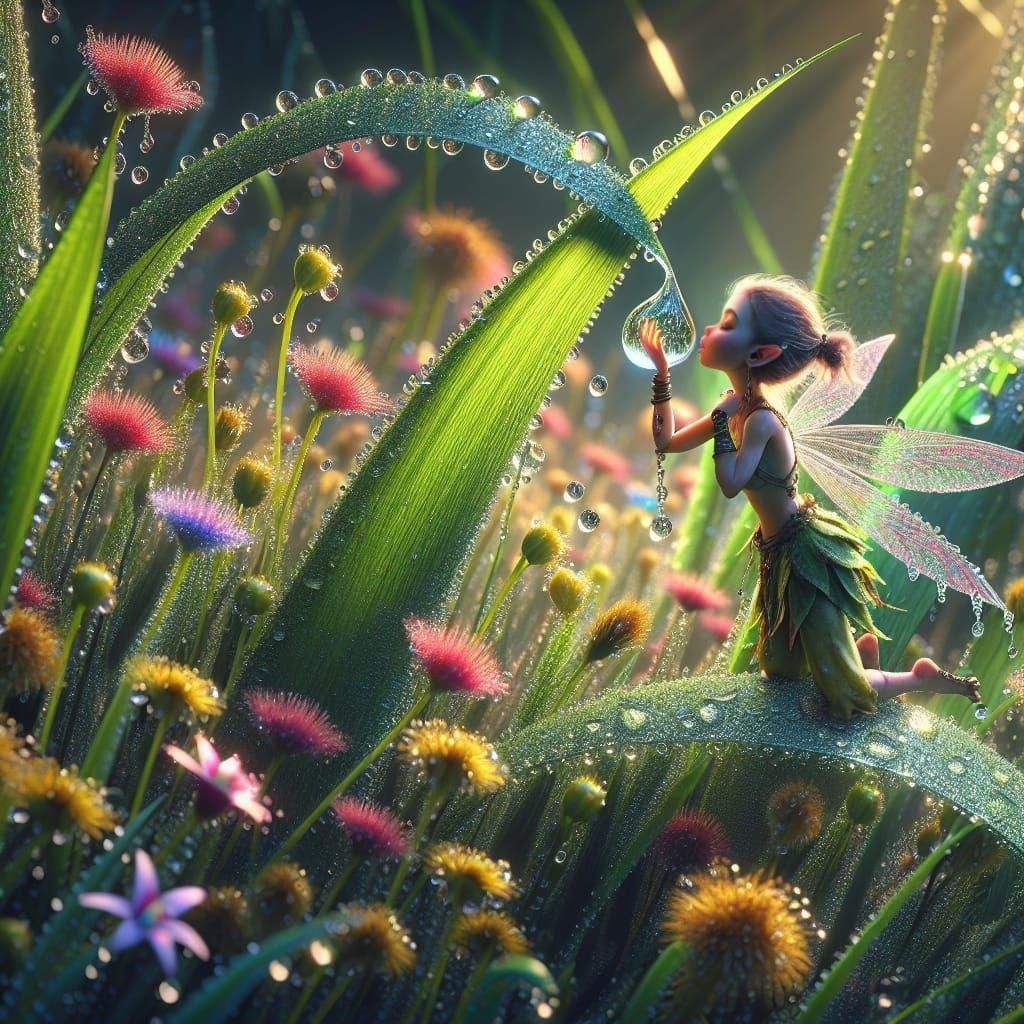 a tiny fairy drinks a large drop of morning dew