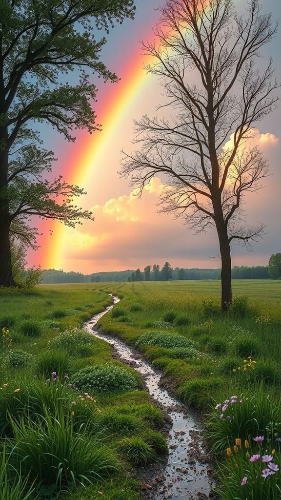 Surreal Landscape Painted in Ethereal Light with a Rainbow S...