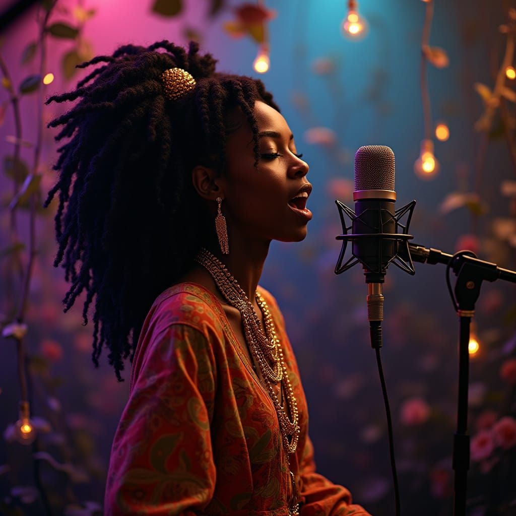 Black Woman Singing in Mystical Studio, Digital Art