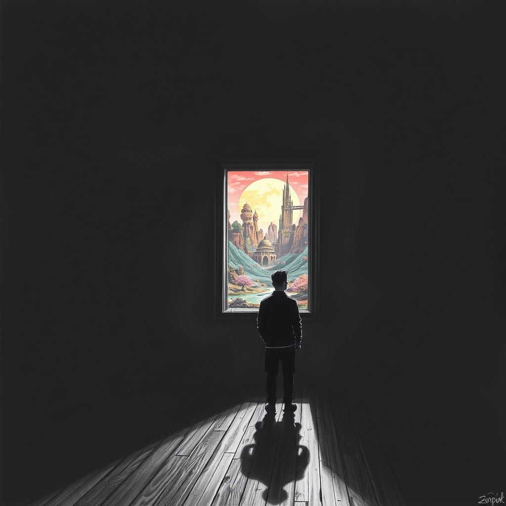 Surreal Doorway Reveals Dystopian Charcoal World