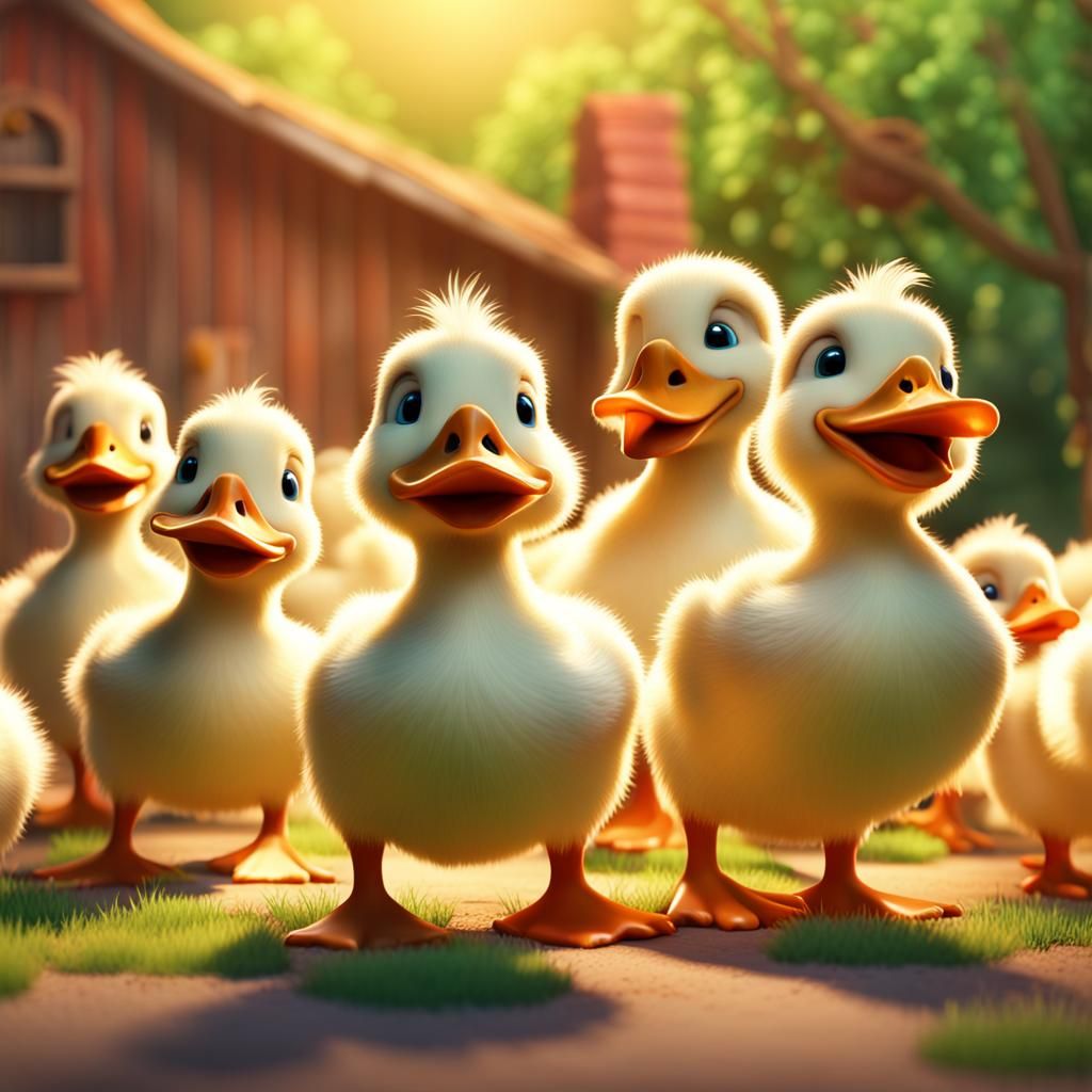Happy Ducklings Sing on Farm: Pixar-Style 3D Art