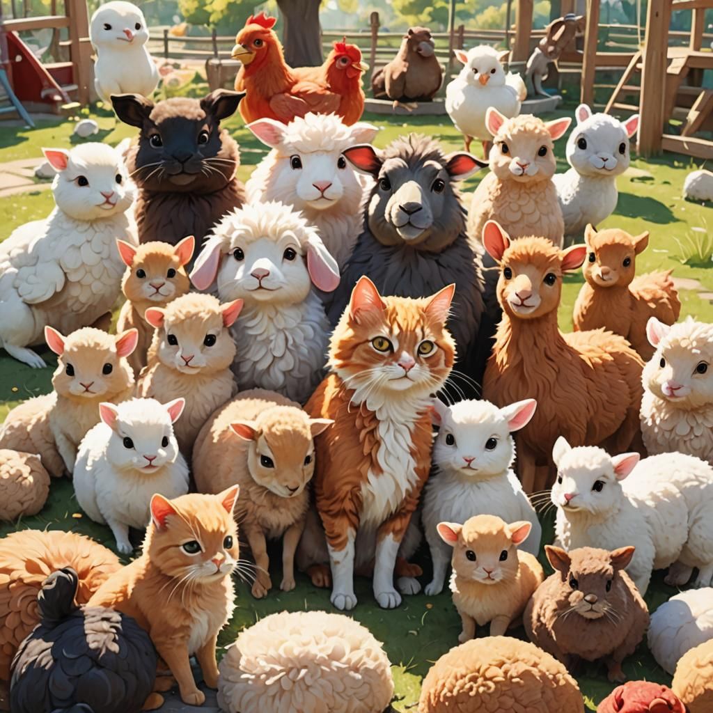 Whimsical Anime Cat Surrounded by Animal Friends