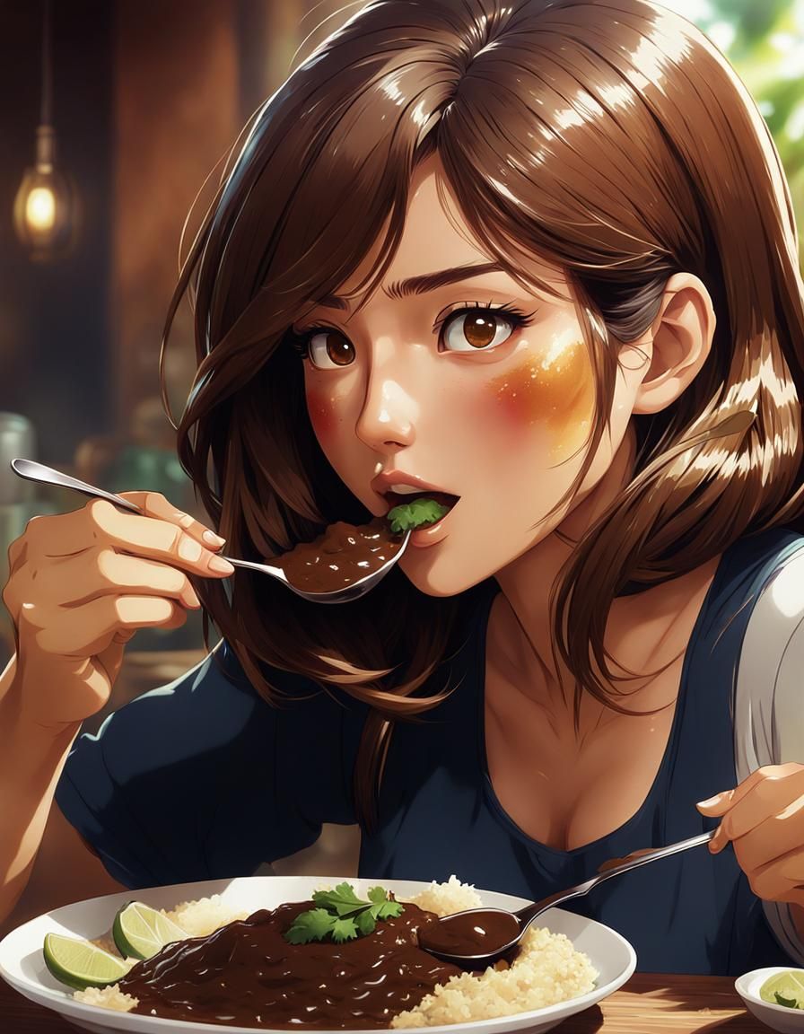 Girl Eating Mole: Anime-Style Cel-Shaded Illustration