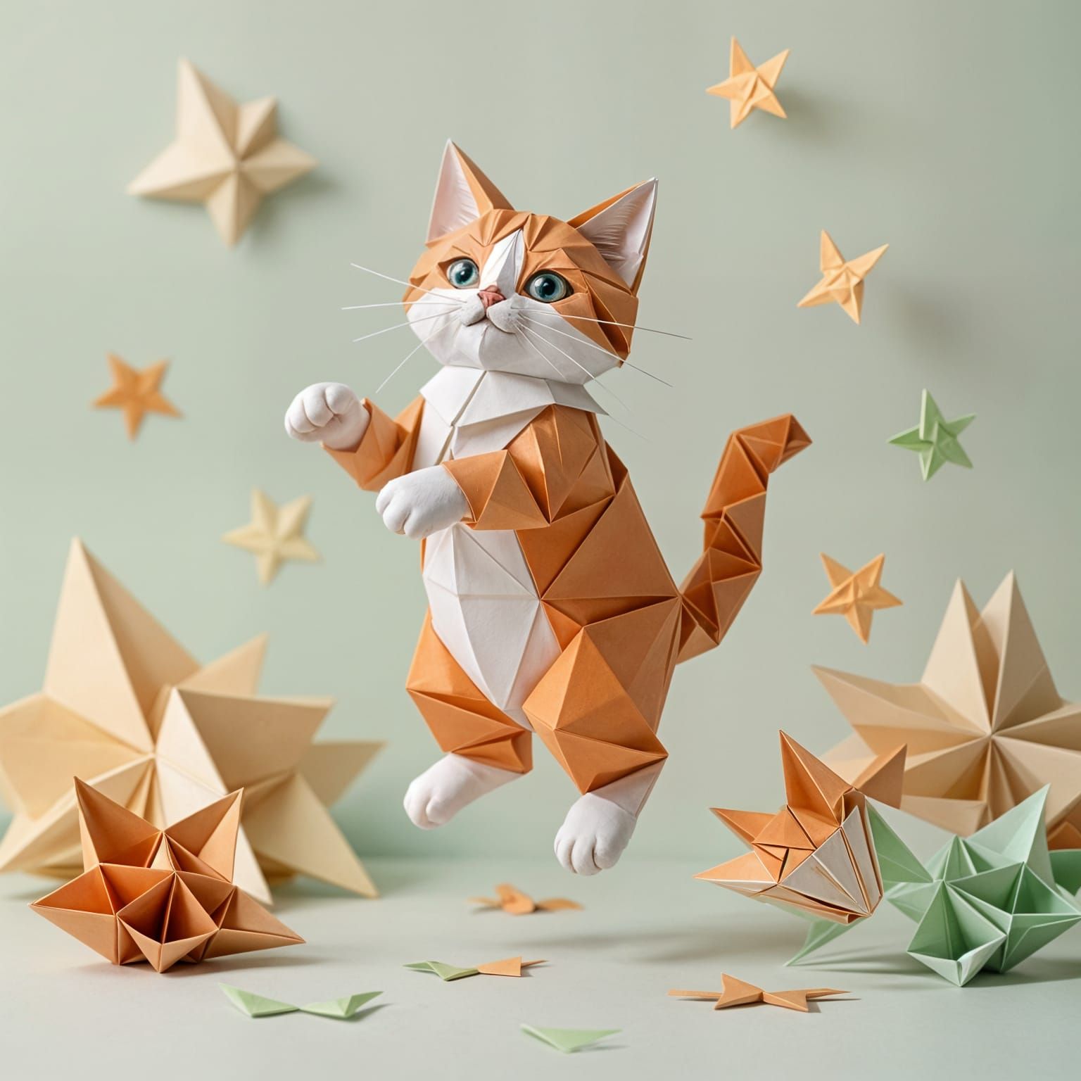 A cat jumping in the air made of origami paper