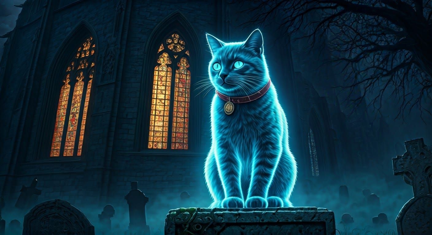 Glowing Cat in Graveyard Double Exposure