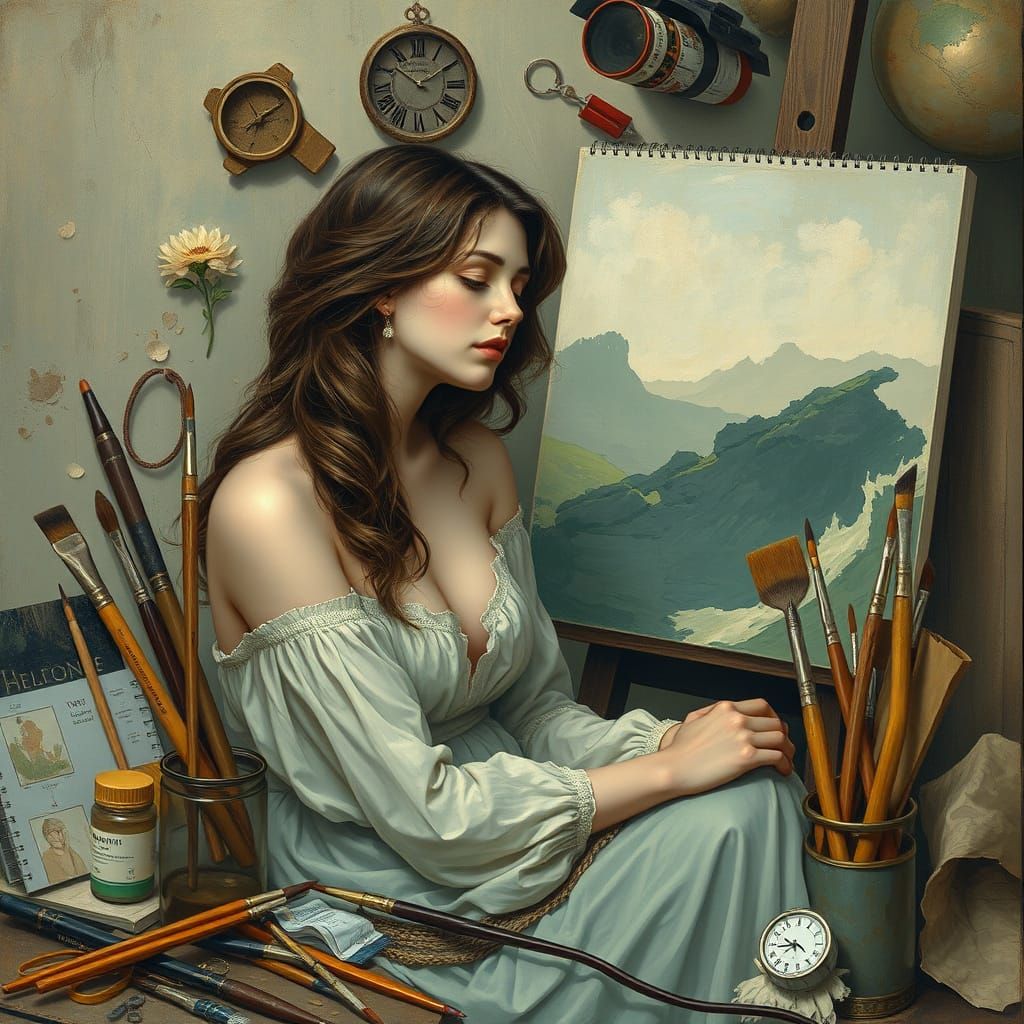 Serene Woman Surrounded by Art Supplies in Art Nouveau Style