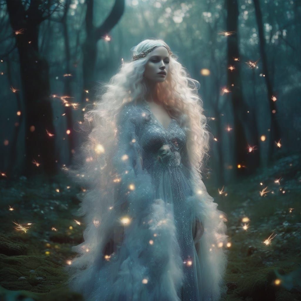 Ethereal Woman in a Forest of Silk Fireflies