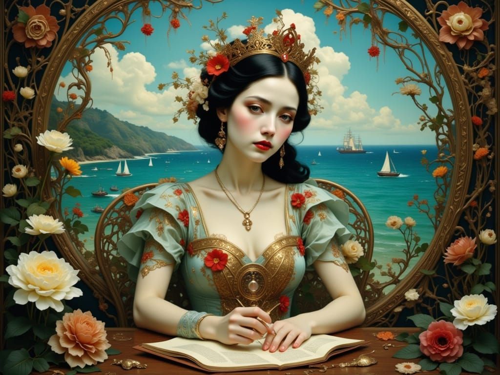Elegant Woman Writes Letter in Art Nouveau Style