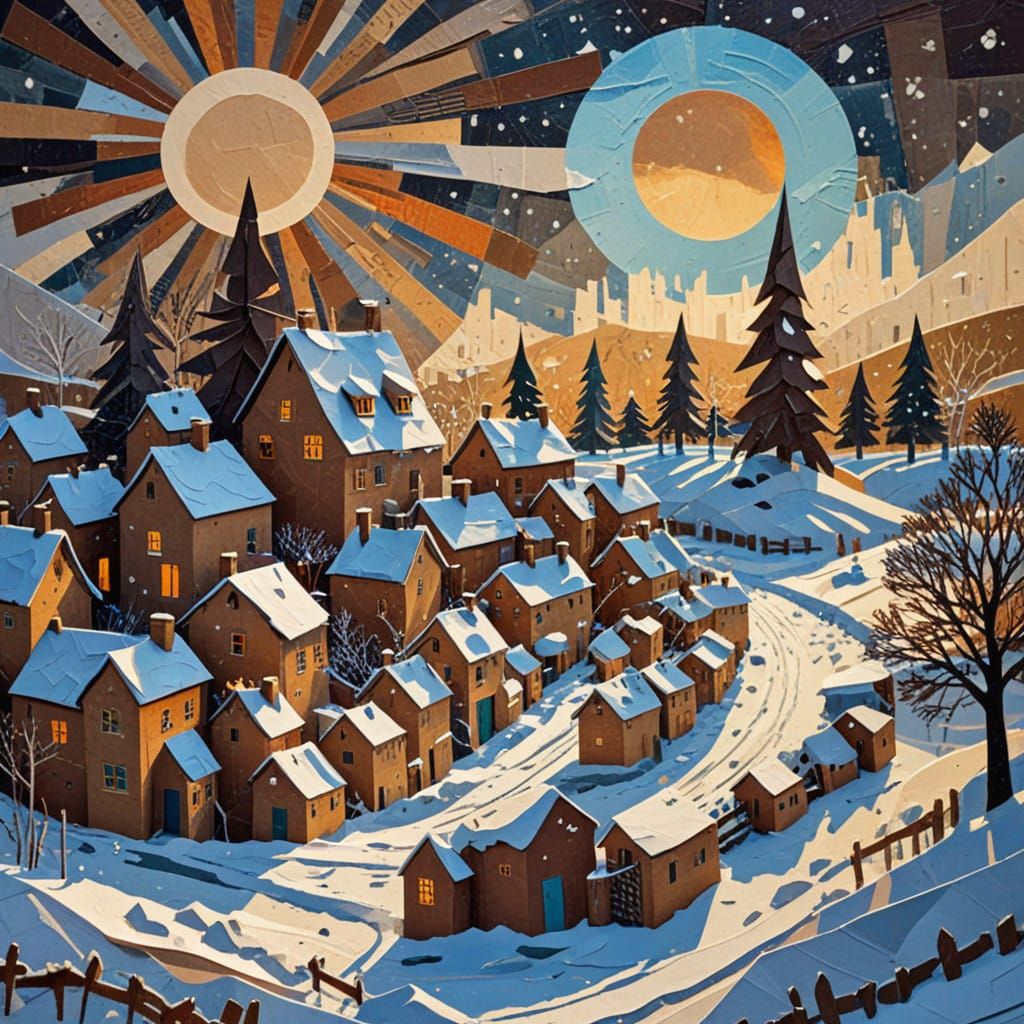 Brown Paper Collage with Winter Village