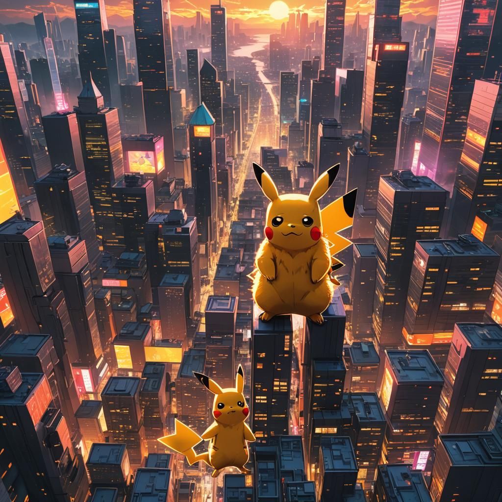 Pikachu in Futuristic City, Anime Style