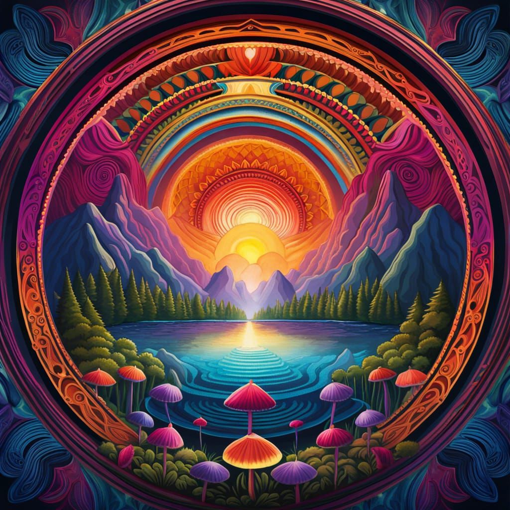 Rainbow Mushroom Mandala in Detailed Matte Painting
