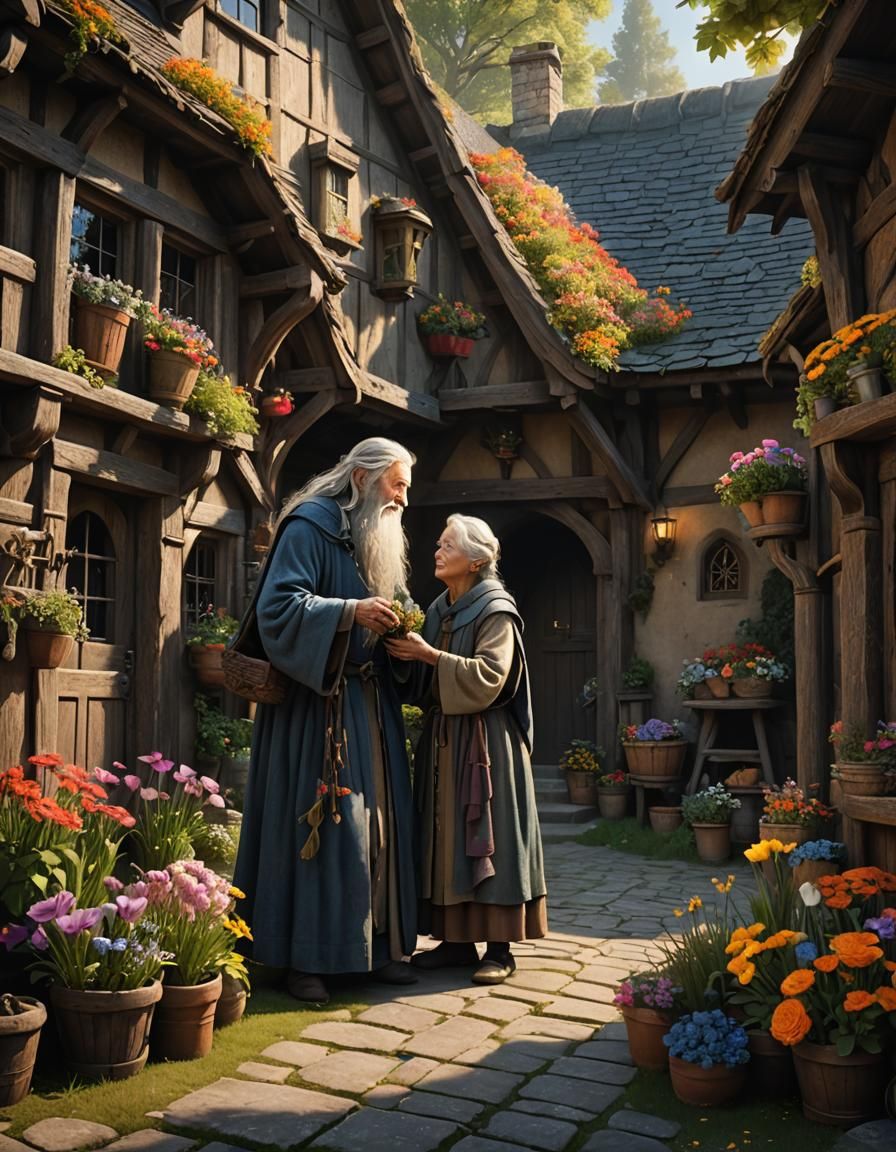 Gandalf Gives Flowers in Medieval Home
