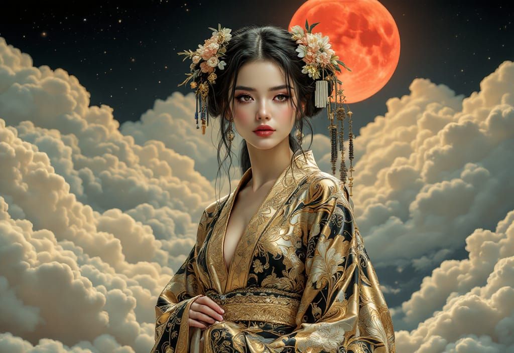 Envision a young woman, dressed in a lavishly detailed kimono
