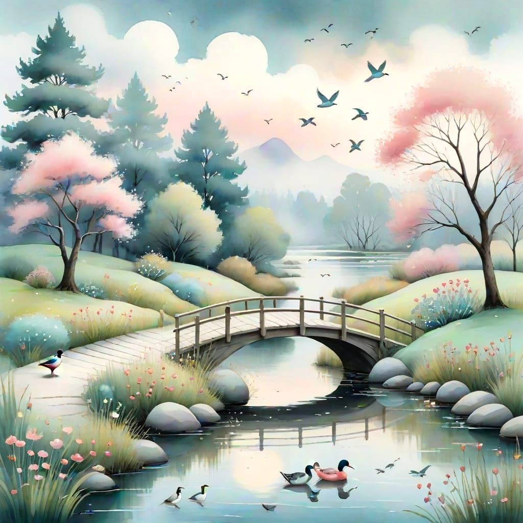 Cozy Scandinavian Spring Scene with Bridge and Stream