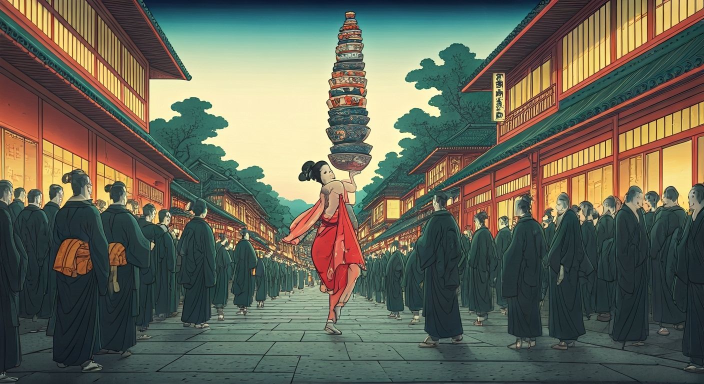 Woman Humorously Balances Bowls in Vibrant Street Scene