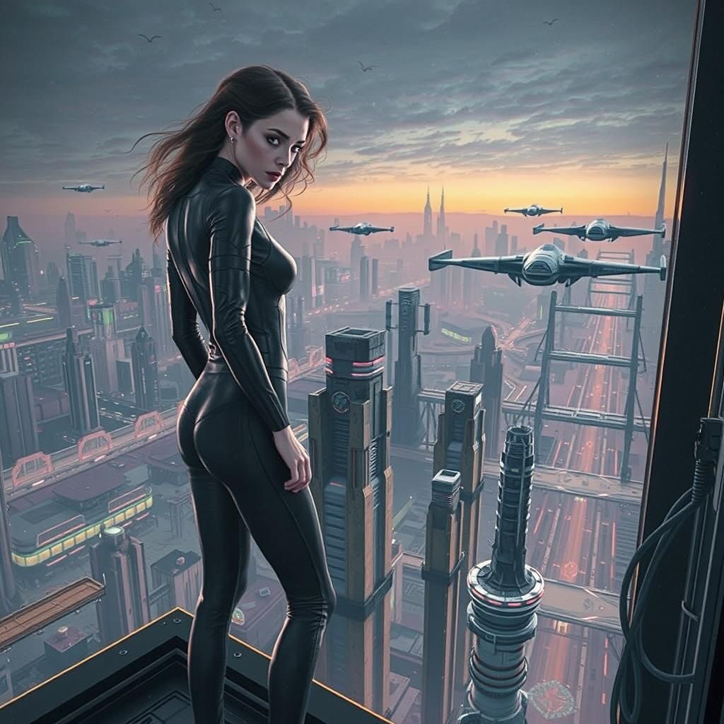 Cyberpunk Cityscape with Towering Spaceship