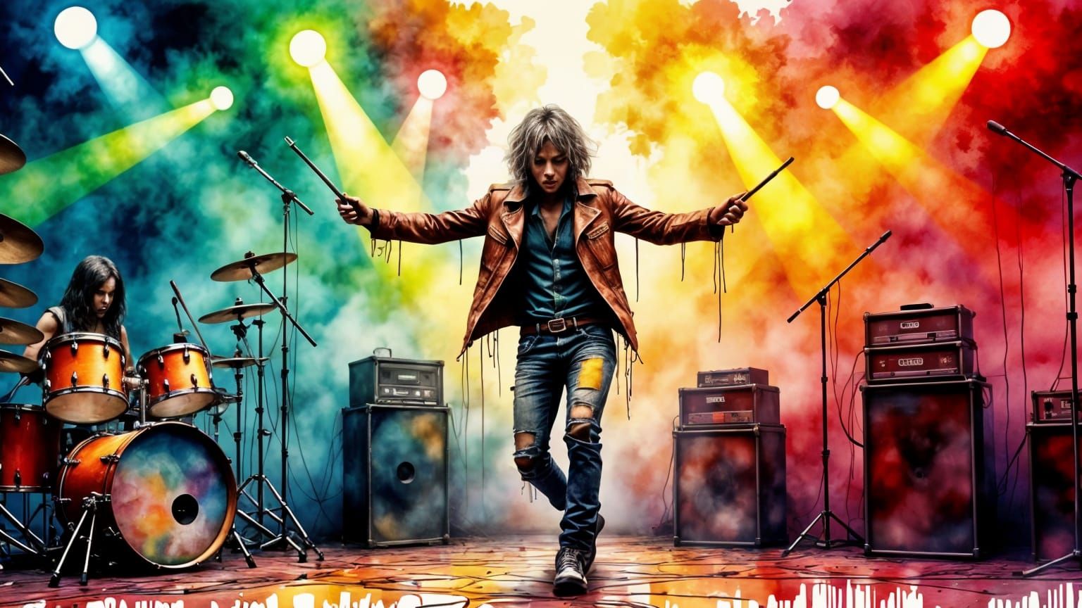 Energetic Rock Drummer in Triadic Colors