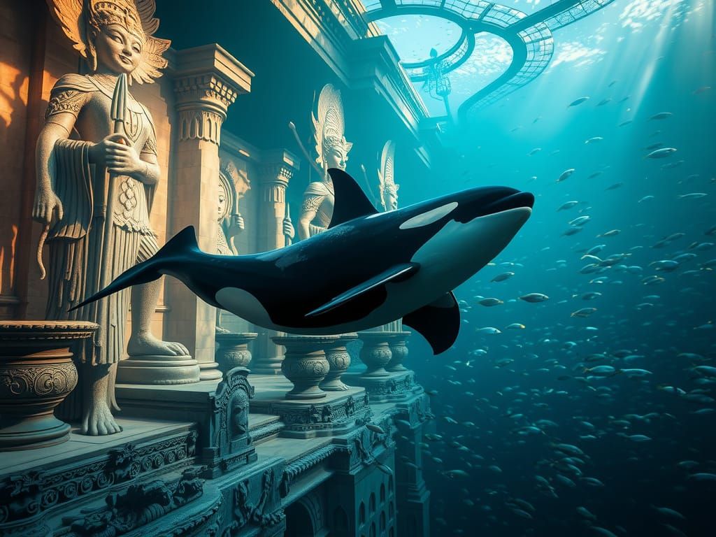 Orca in Ancient Underwater City, Photography Style