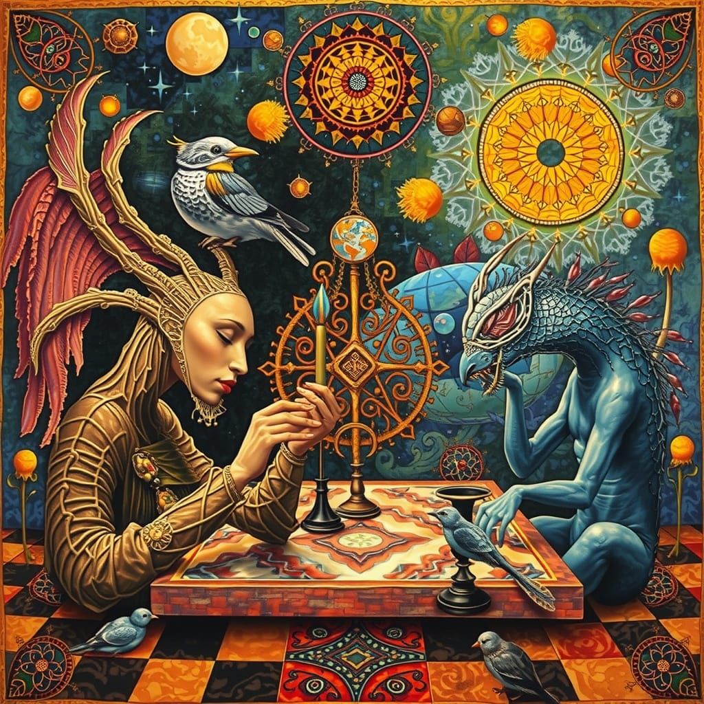 Ethereal String Woman Kissing Bird in Garden: Bio-Art