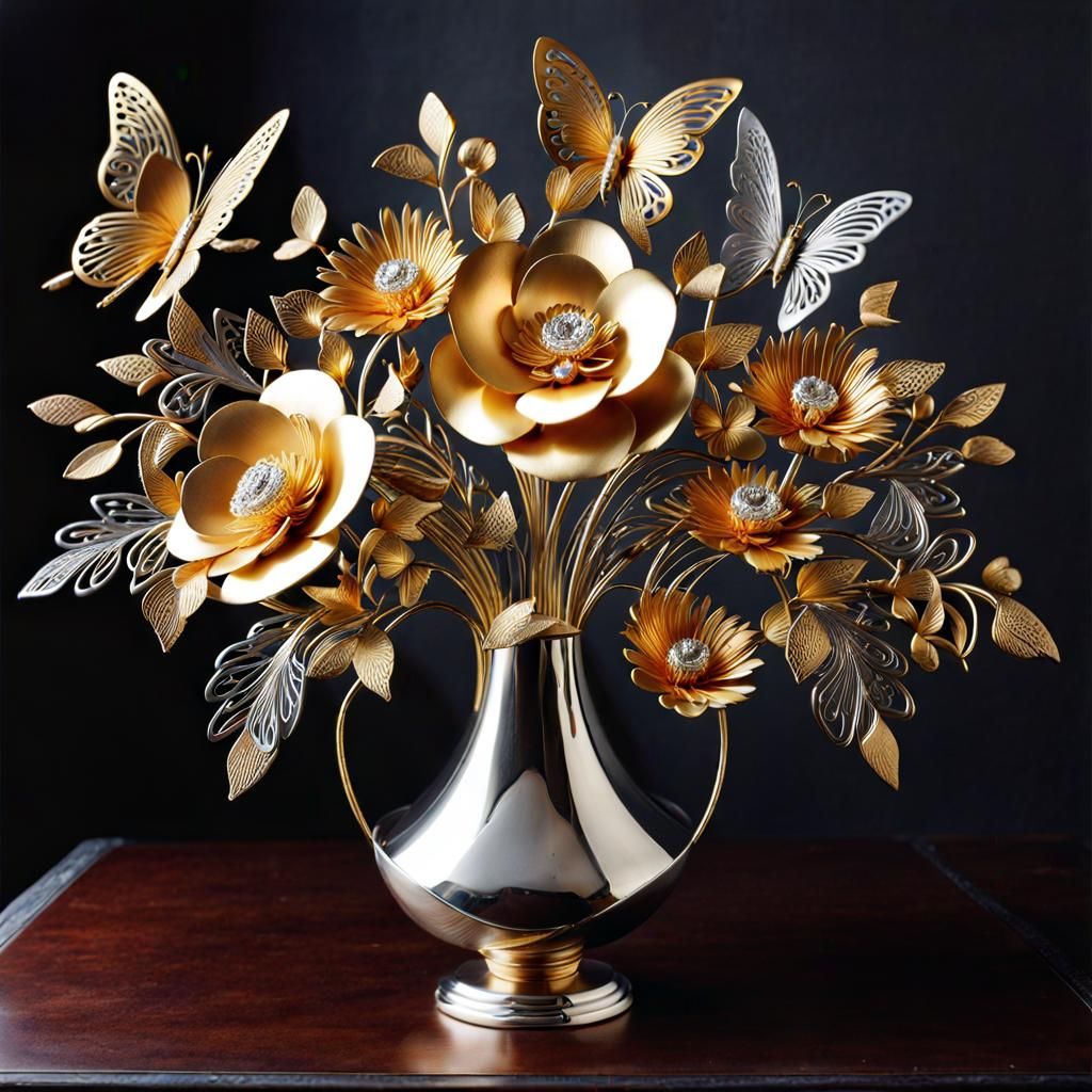 Golden Metal Flower Bouquet: Intricate Line Art