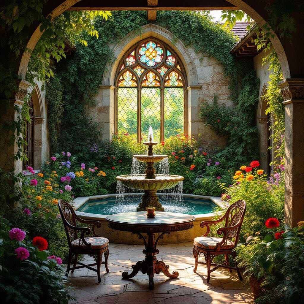 Enchanting Medieval Garden in Pre-Raphaelite Style