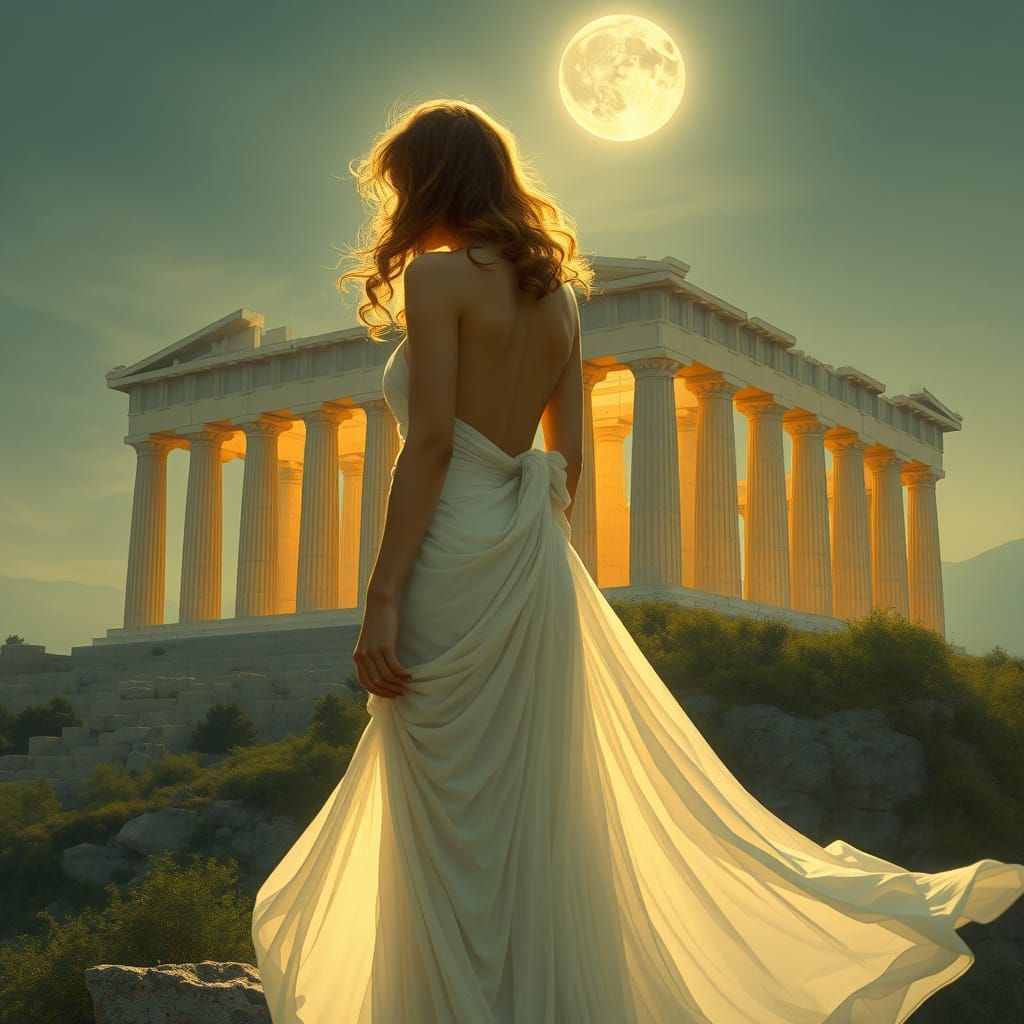 Aphrodite Silhouette at Acropolis in Art Nouveau Style