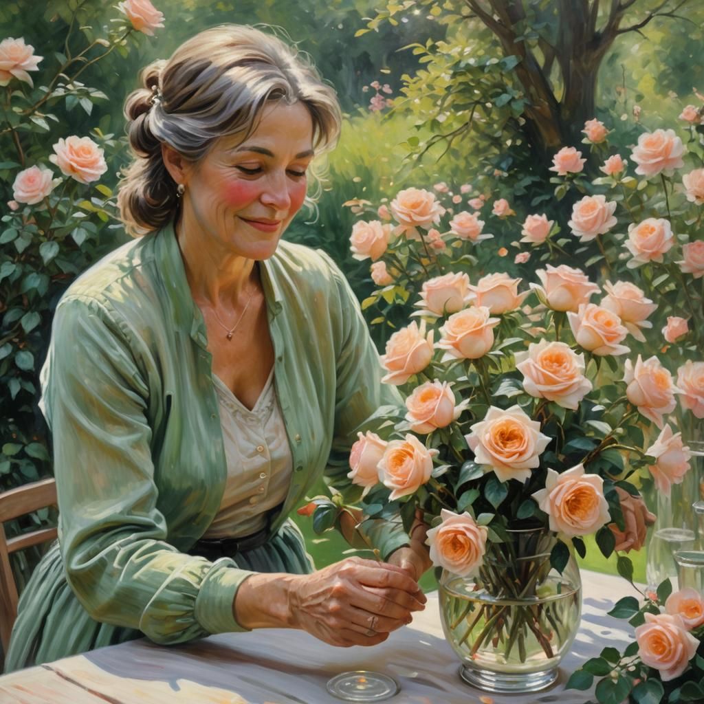 Woman Arranging Roses: An Impressionist Oil Painting