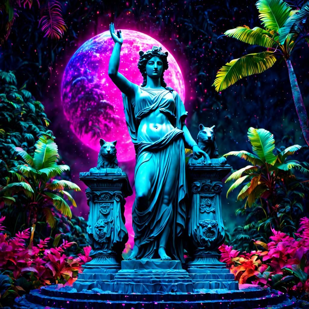 Neon Greek Statue in Jungle, Vaporwave Art