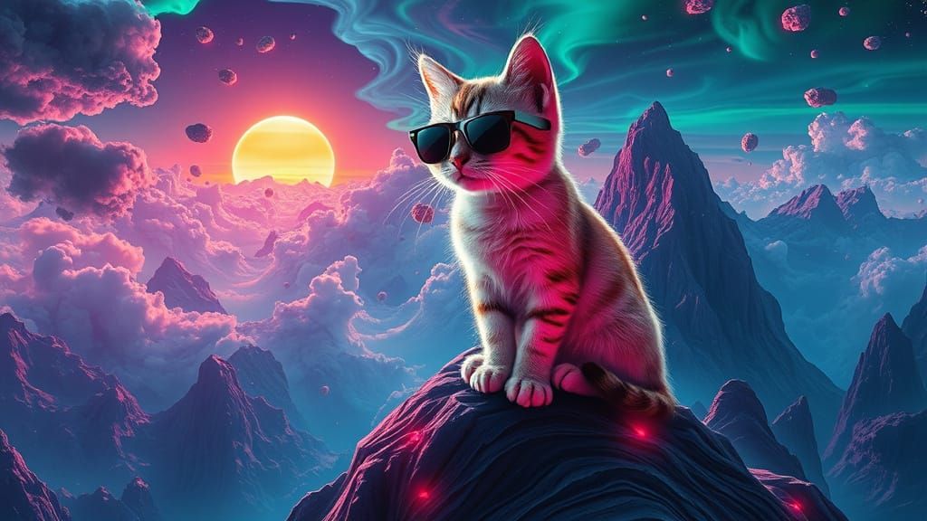 Surreal Psychedelic Kitten Reigns Over Neon-Lit Mountainscap...