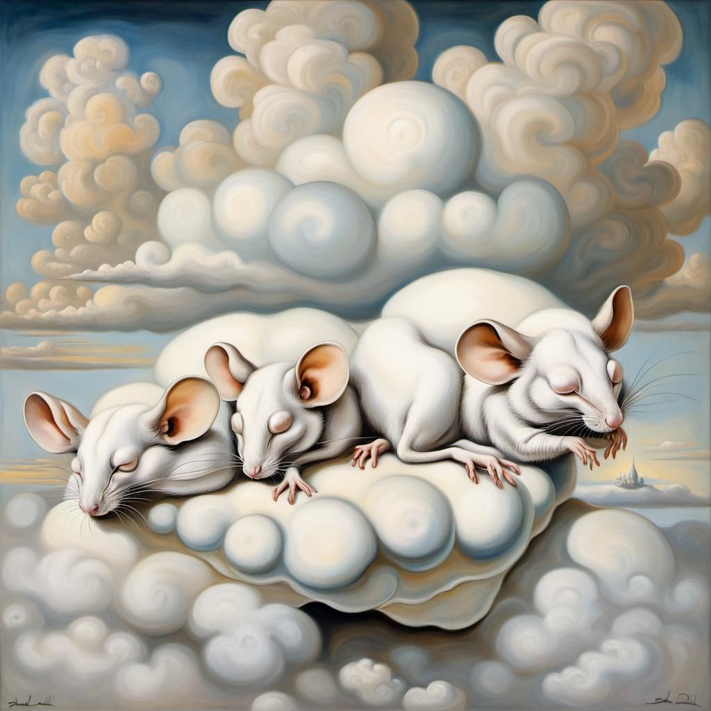 a white mice  sleeping on a white cloud