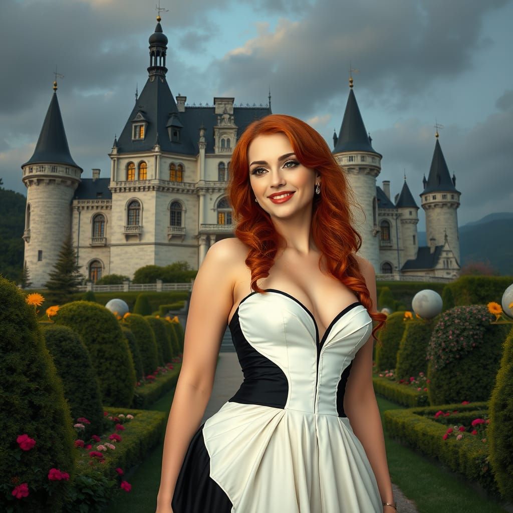 Red-Haired Woman in Art Nouveau Castle Garden