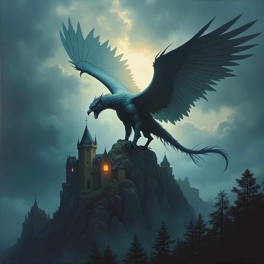 Cyberpunk Fantasy Griffin Takes Flight Above Castle