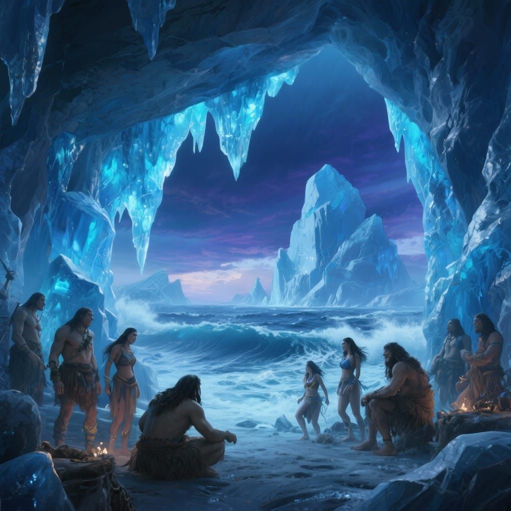 Cave Dwellers in Blue Ice Cave with Ocean Icebergs