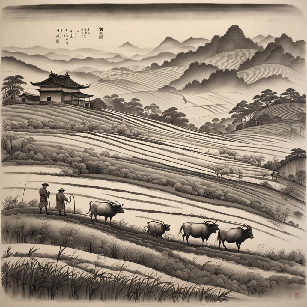 Chinese Ink Painting: Spring Plowing on Terraced Fields