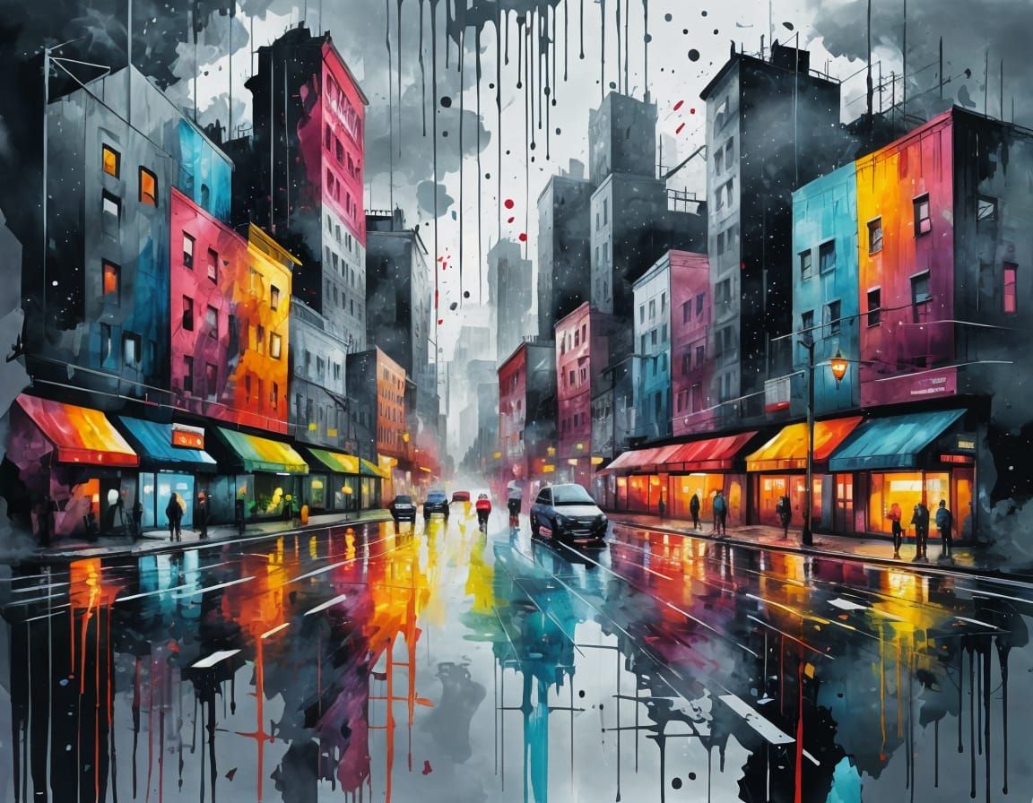 Cityscape with Ink Splatters in Graffiti Art Style