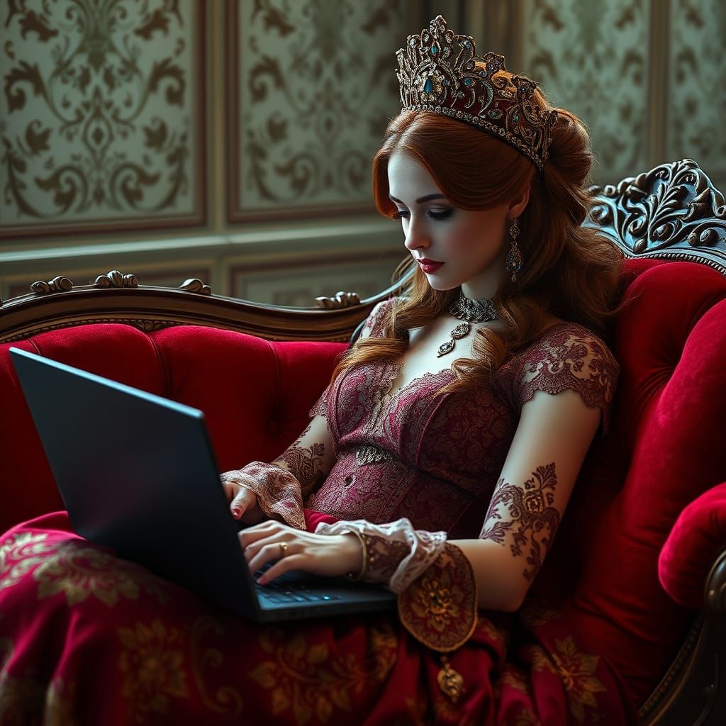 Victorian Woman Typing on Laptop in Art Nouveau Style
