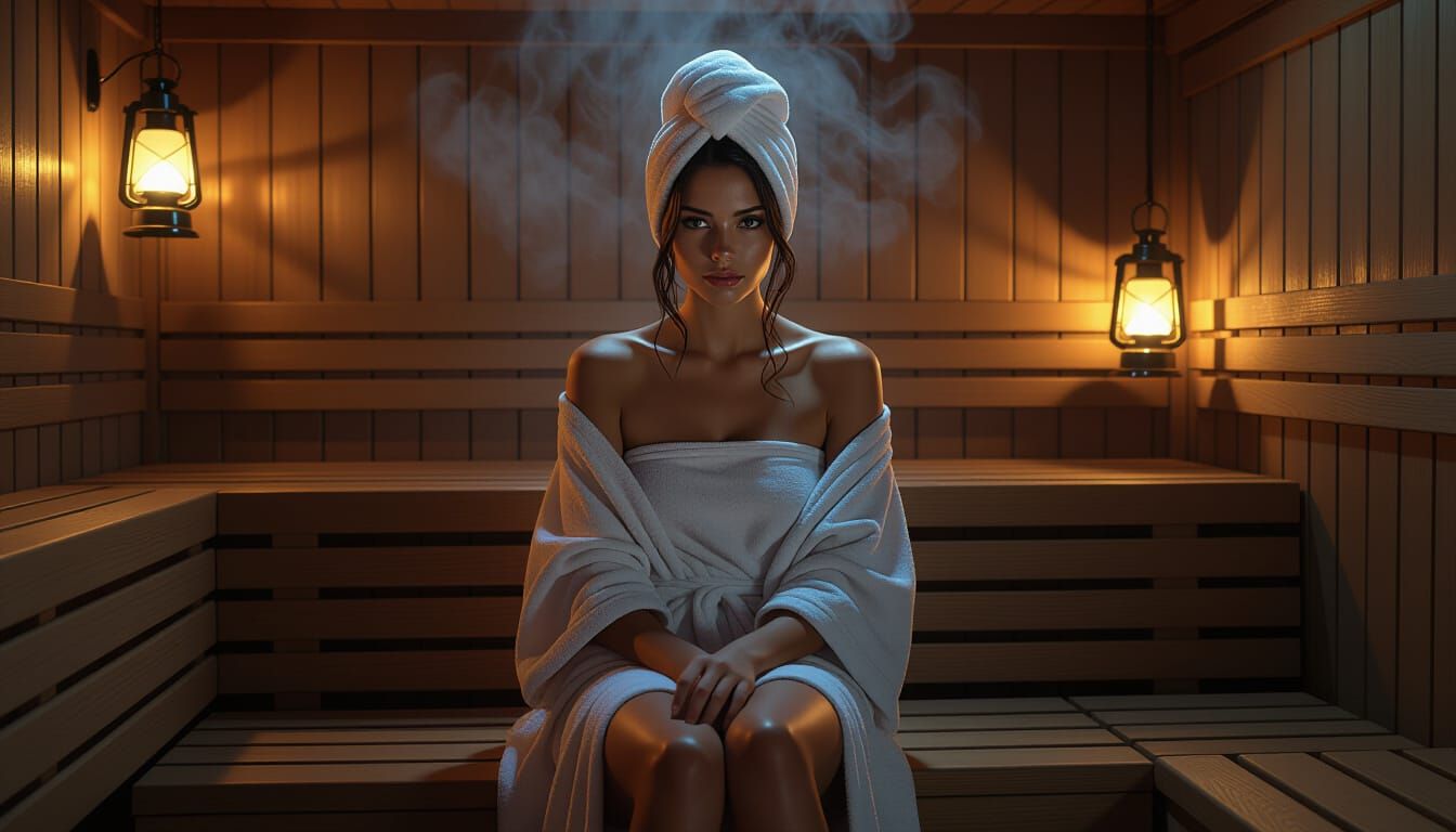 Woman Relaxing in Sauna: Photorealistic Art